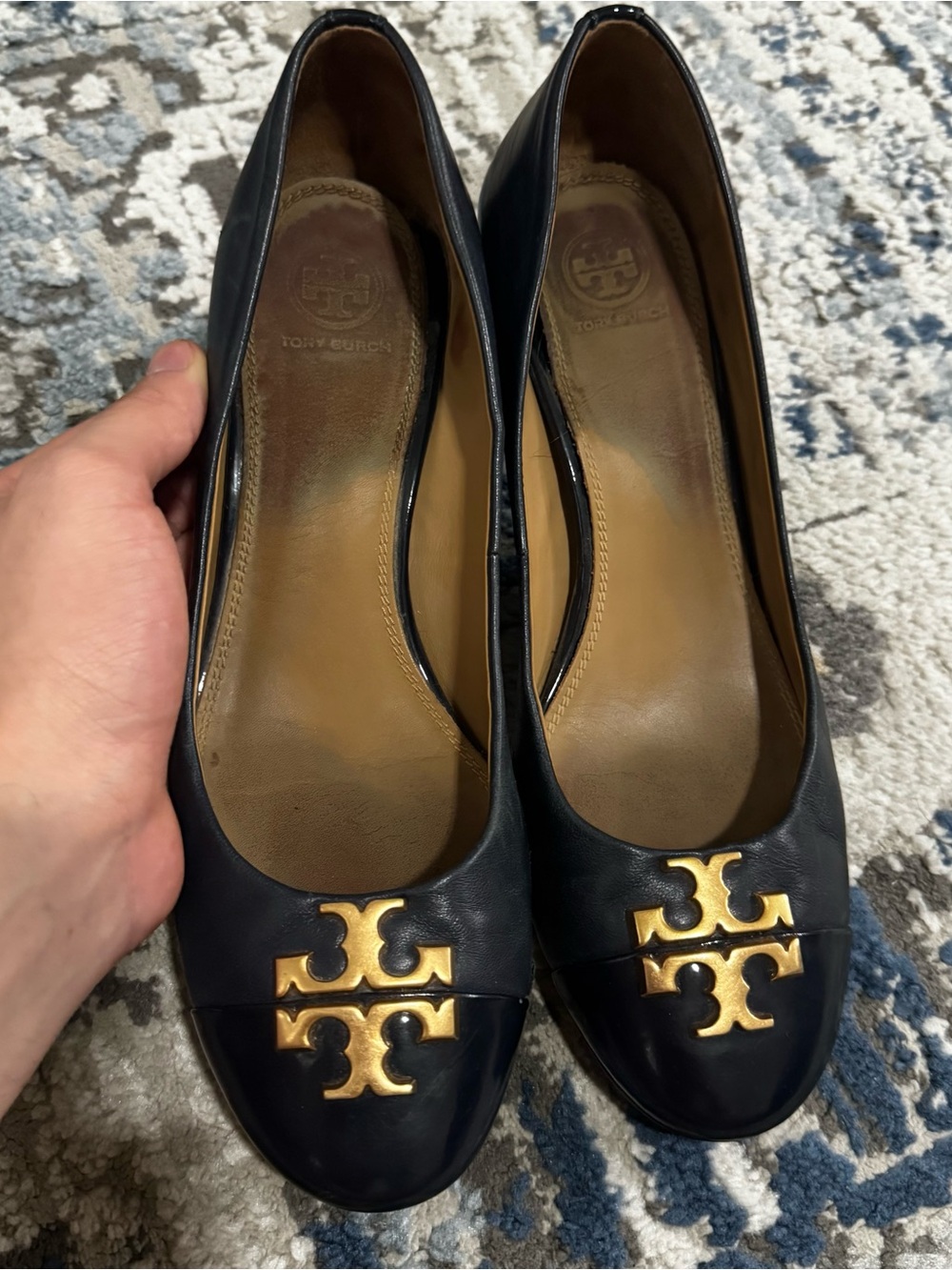 Tory Burch Black Leather Flats with Gold Logo Accent - Picture 4 of 9